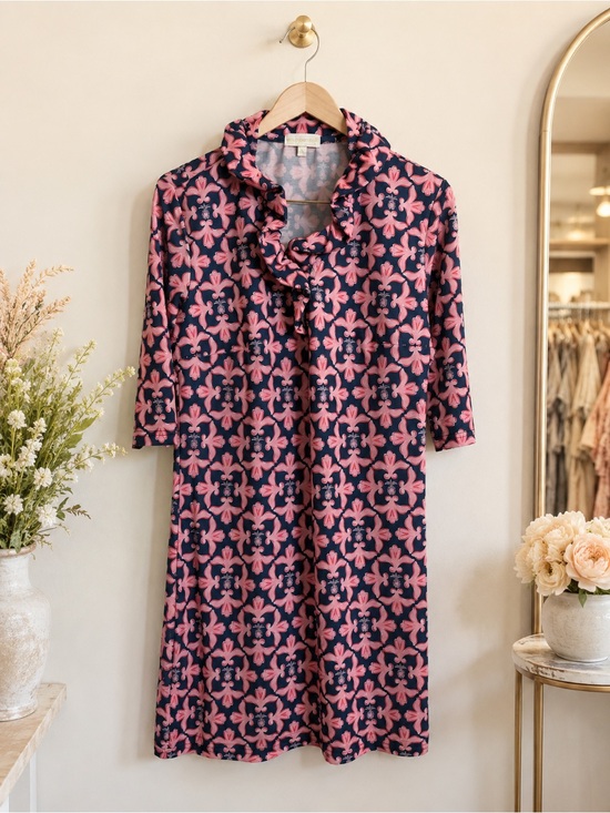 Simply Southern Dresses & Skirts - Simply Southern S Navy Pink Medallion Print Ruffle Neck Shift Dress